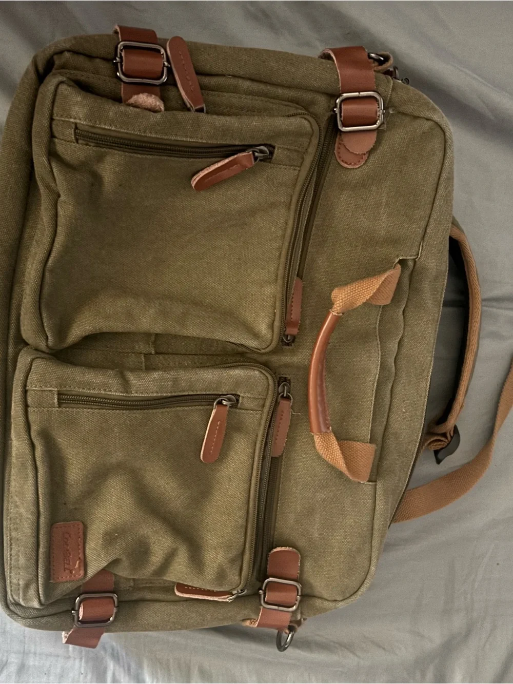 Olive Green Canvas Men's Messenger Bag with Brown Leather Accents